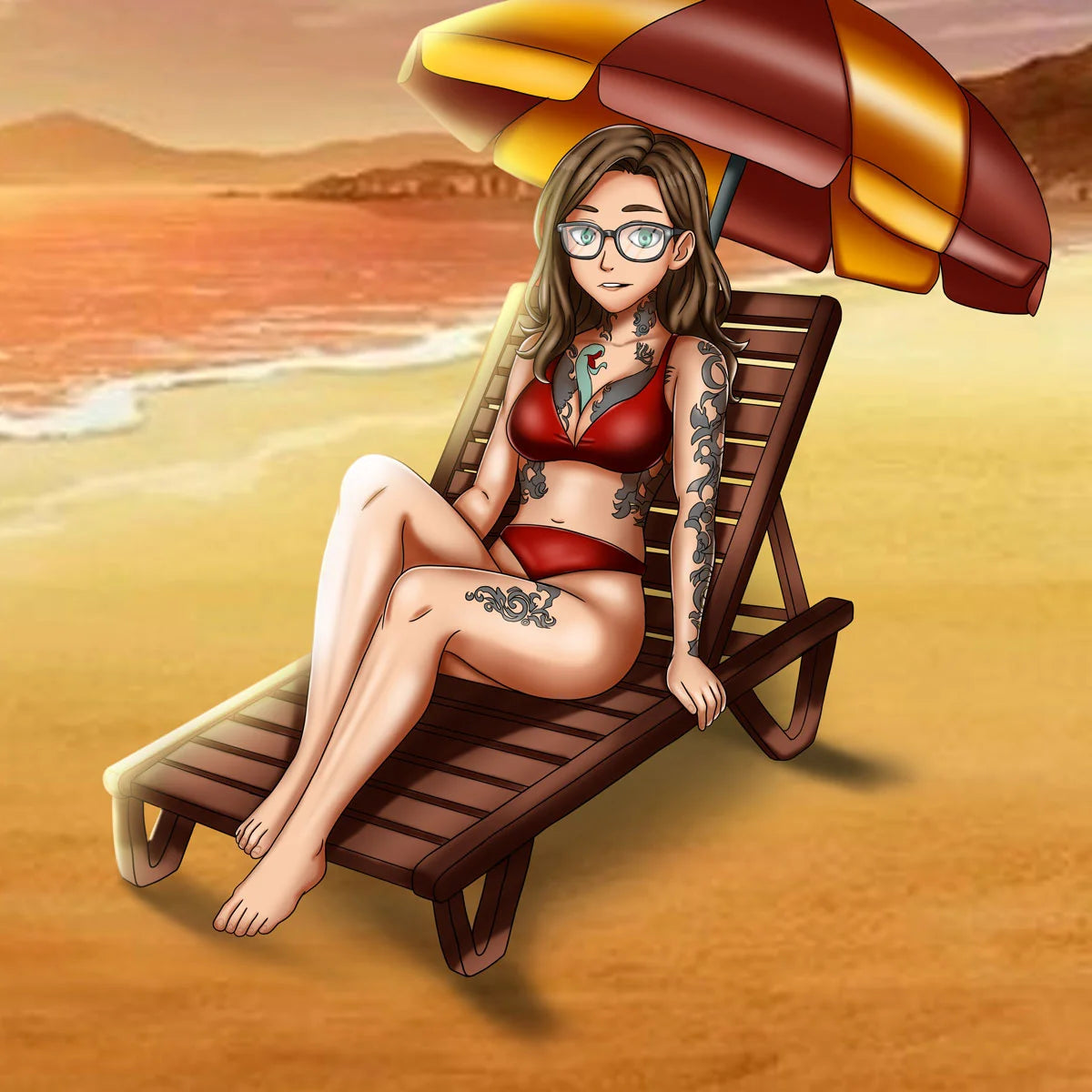 Adult woman with glasses and tattoos relaxing on a beach chair under a colorful umbrella