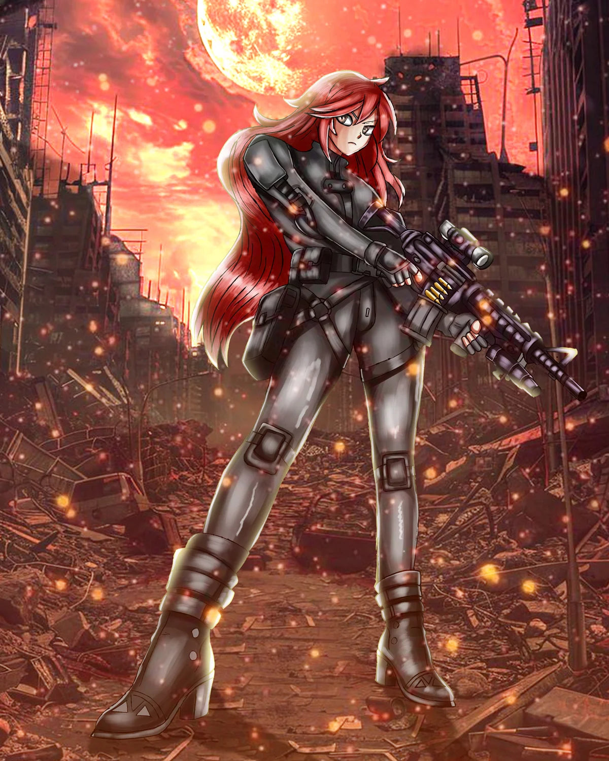 An anime-style illustration of a female warrior character with long red hair, wearing a black tactical bodysuit and holding a rifle, standing in a ruined cityscape under a glowing orange sun.