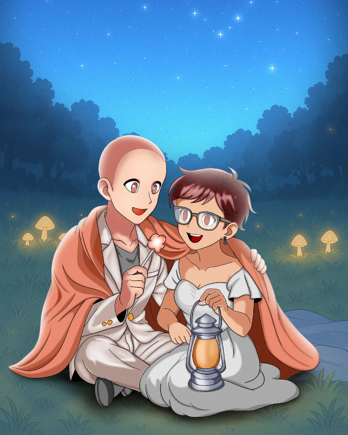 Anime-style illustration of a smiling couple sitting outdoors at night under a starry blue sky. The man wears a white suit and an orange cape, while the woman wears a white dress and holds a lantern.