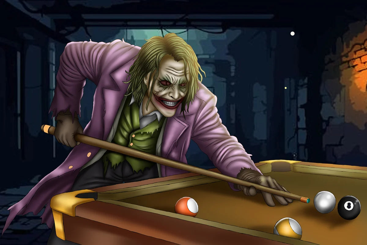 A stylized illustration of the Joker leaning over a pool table, holding a pool cue and aiming at billiard balls in a dark alley-like environment.