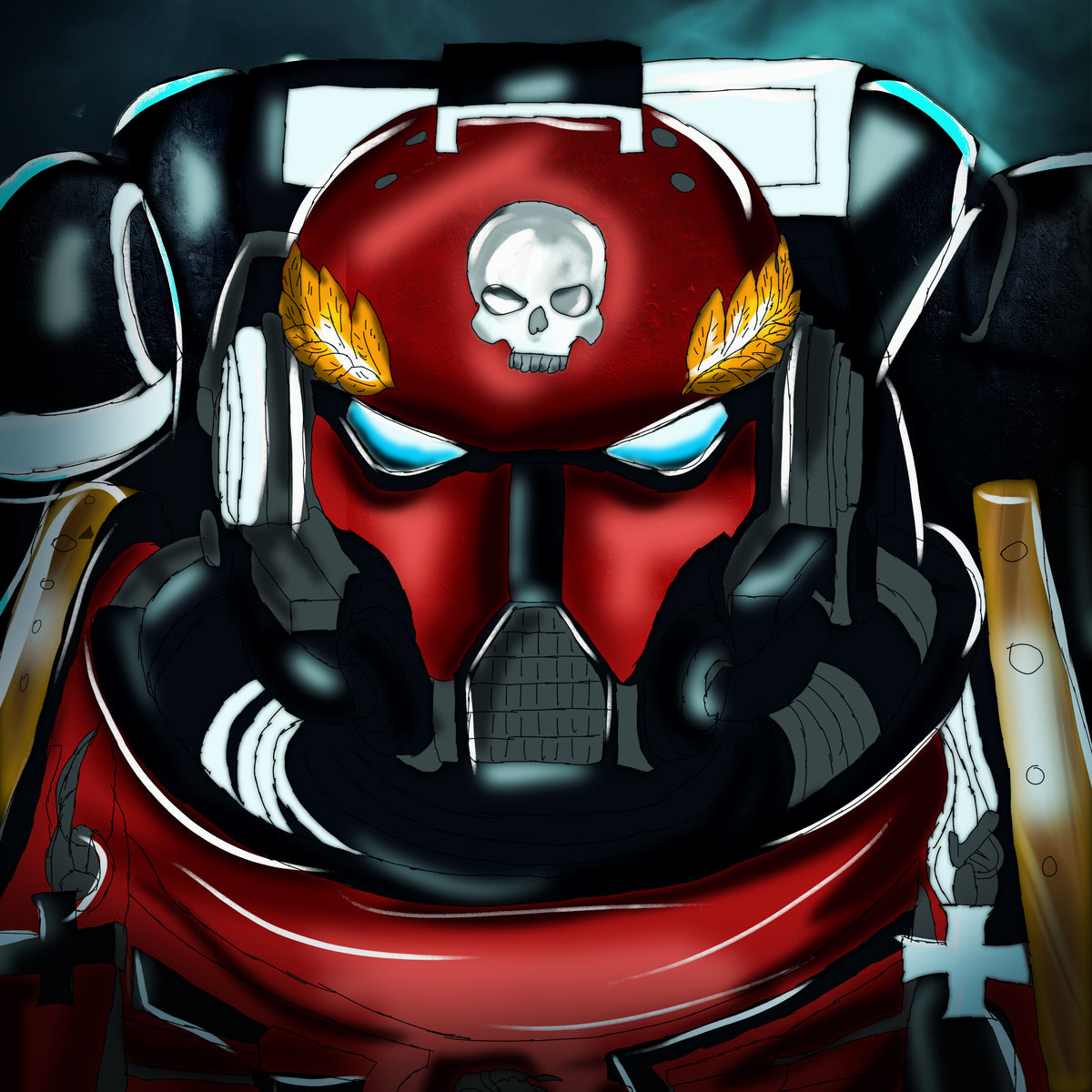 Blood Angel Space Marine 2D digital artwork, close-up armored character portrait with red armor and skull emblem Digital Maker World (digitalmaker.world)