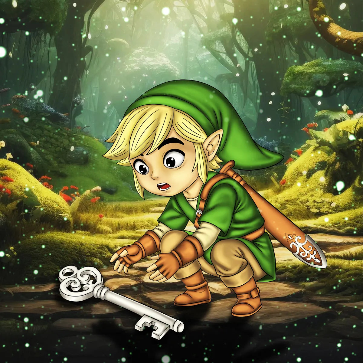 Fantasy elf character digital art in a green hood with magical key, leather outfit, and enchanted glowing forest background
