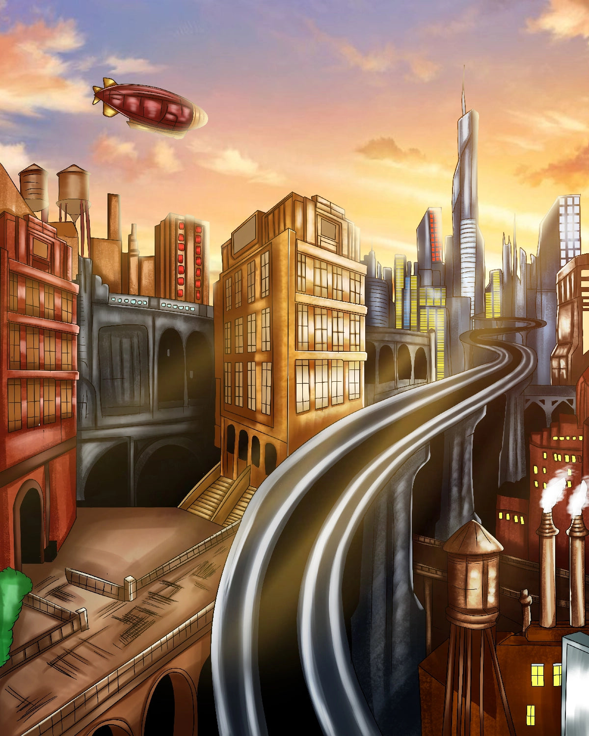 A stylized cityscape artwork showing tall buildings, elevated curved tracks, smokestacks, and a blimp in a warm sunset sky.