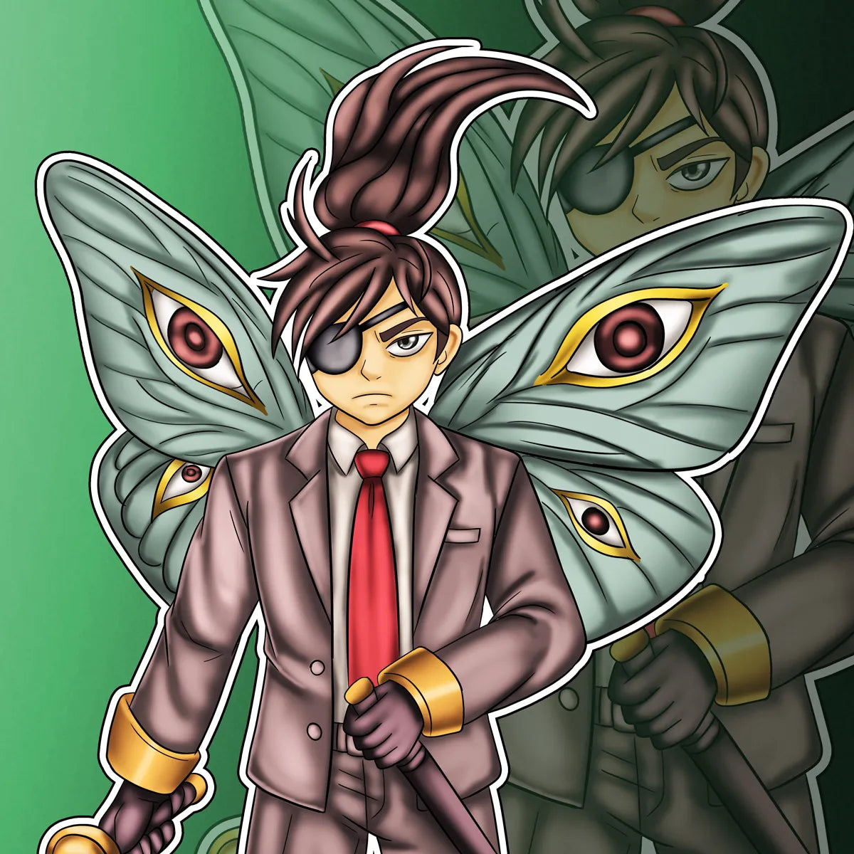 Moth wing anime character digital artwork with patterned wings, formal suit, red tie, and dark fantasy design.