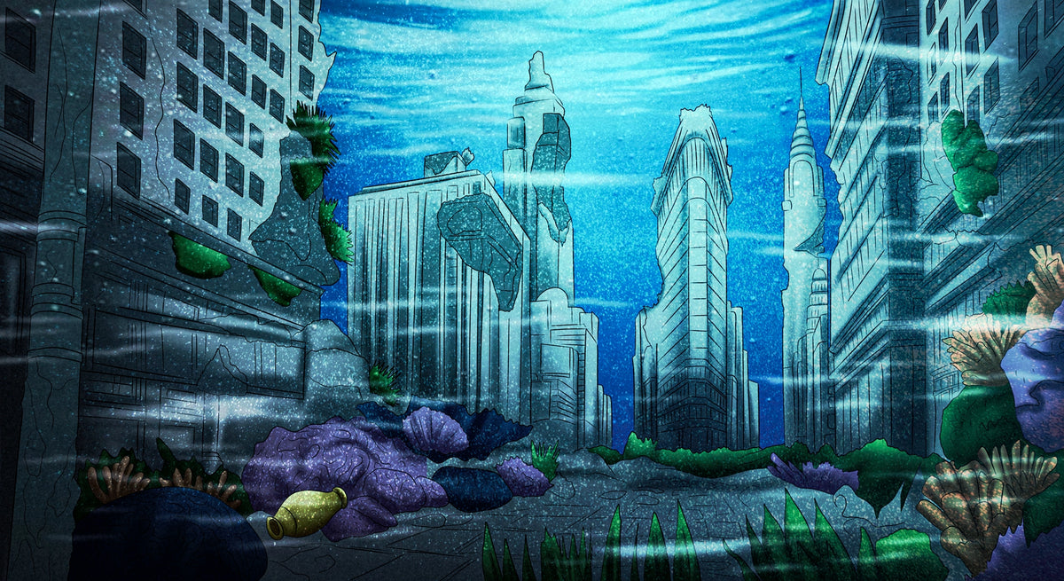 Neon Atlantis futuristic underwater city digital art with cyberpunk skyscrapers, blue ocean, coral and aquatic plants
