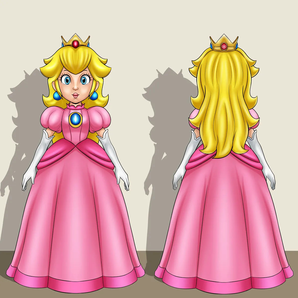 Front and back views of a cartoon princess character wearing a pink gown and gold crown, shown on a plain beige background with shadow overlays.
