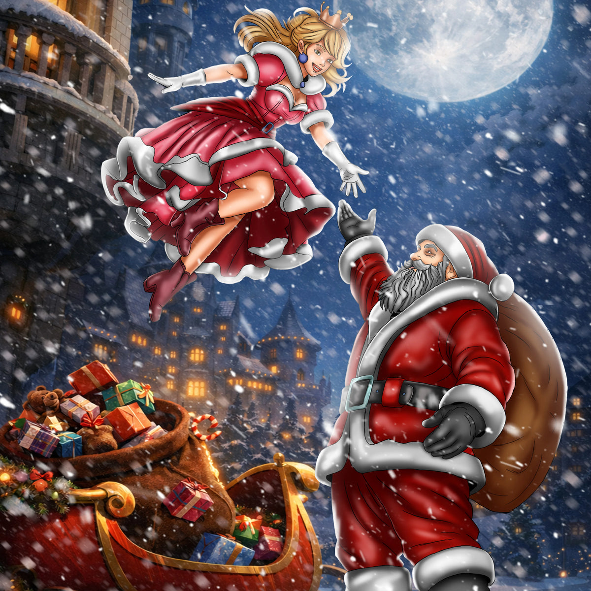 A festive illustrated holiday scene with Santa Claus in a red suit reaching up toward a floating woman in a red and white dress, while a sleigh filled with wrapped gifts rolls through falling snow at night. The background shows snowy buildings and a large moon.
