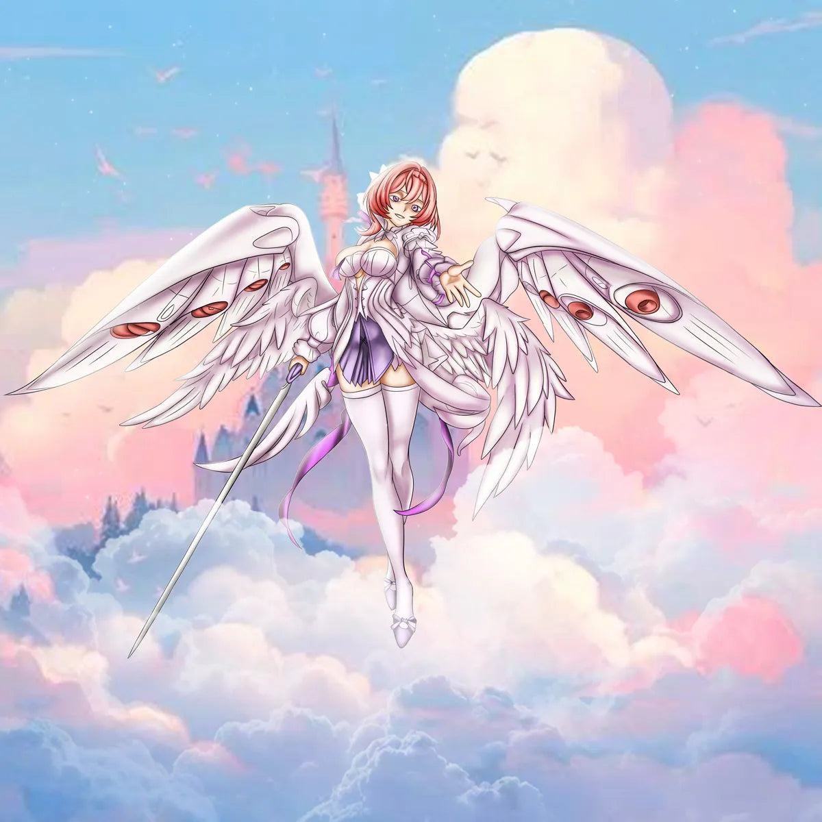 Seraphina angel warrior with large feathered wings flying above pastel clouds and a fantasy castle
