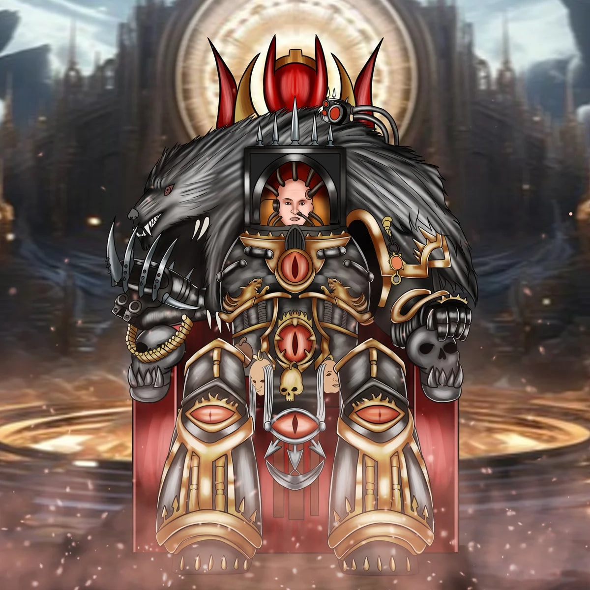 Warhammer-inspired wolf warrior in ornate black and gold armor with skull and gothic details