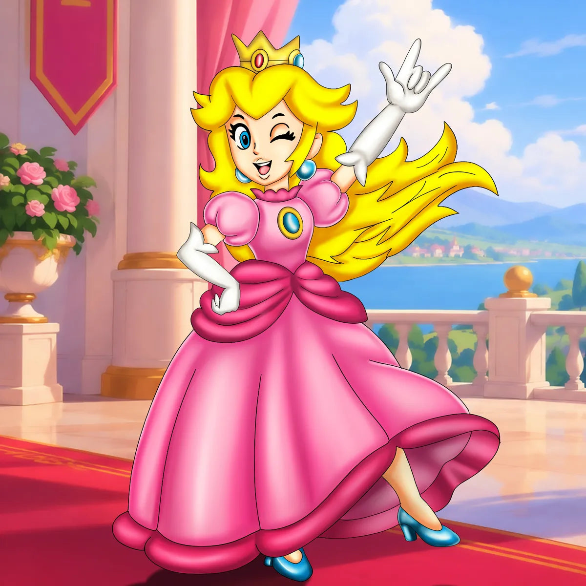 A stylized illustration of Princess Peach in a flowing pink gown with a gold tiara, standing on a balcony with a scenic ocean and mountains in the background.