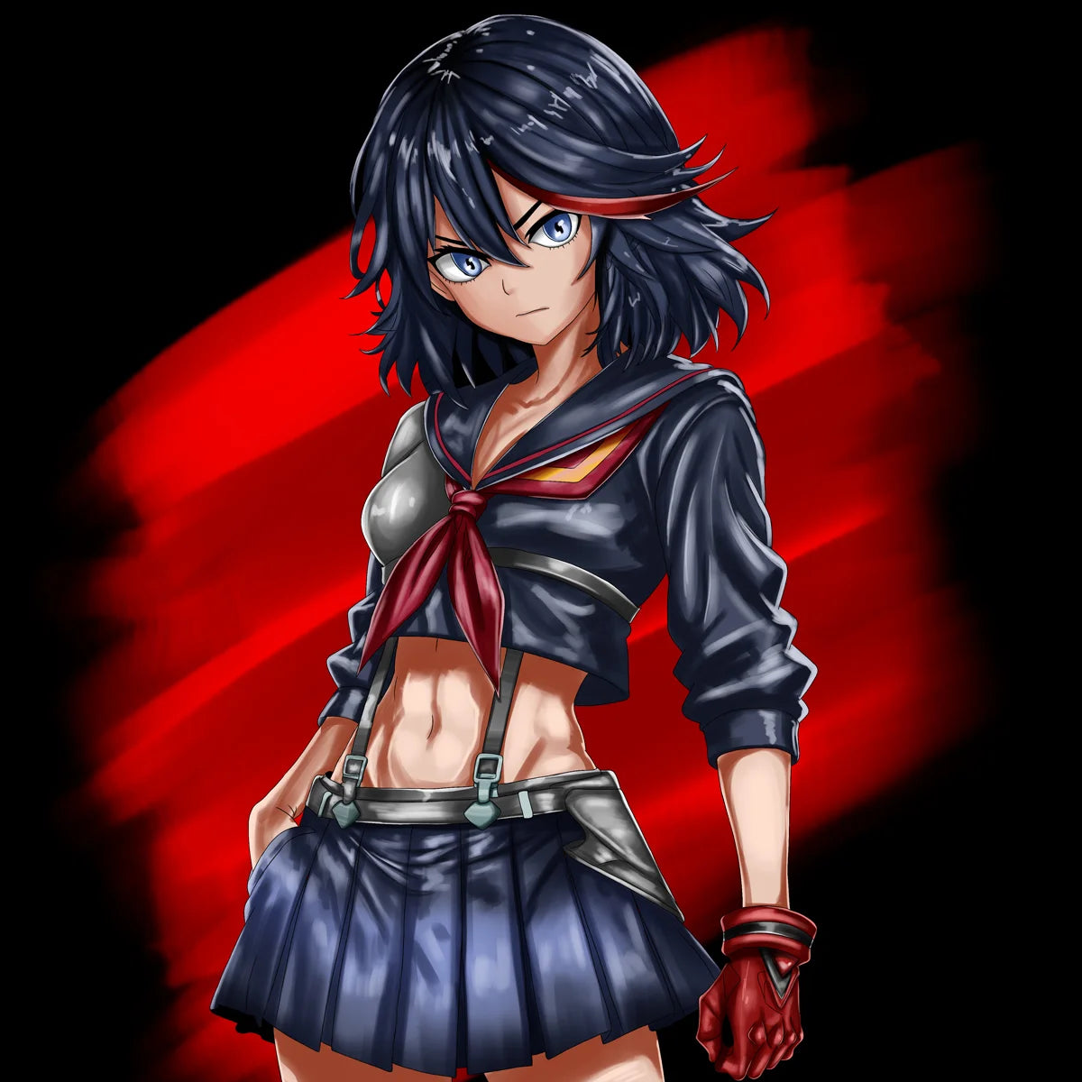 An anime-style illustration of a female warrior character in a dark gray and red schoolgirl outfit, halfbody