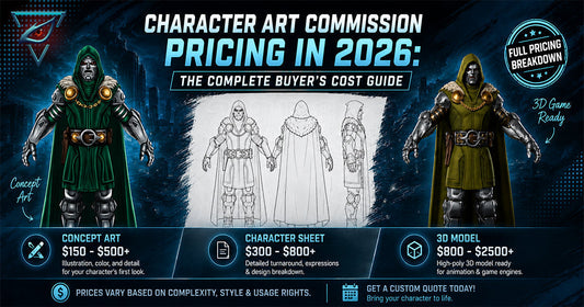 Full-body fantasy warrior character wearing turquoise armor and a fur-trimmed Reference Sheet