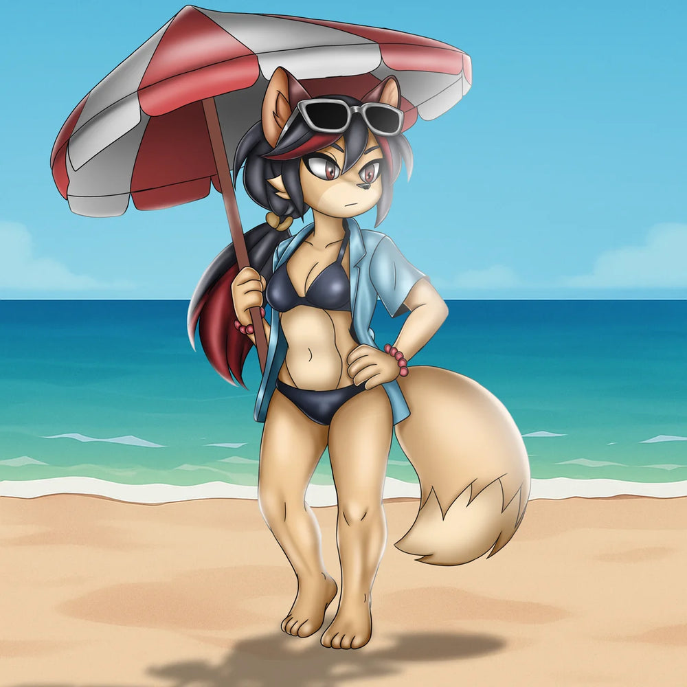 An anime-style illustration of an anthropomorphic fox character standing on a beach, holding a red and white striped umbrella. The character is wearing a dark navy bikini, an open light blue shirt, and sunglasses.