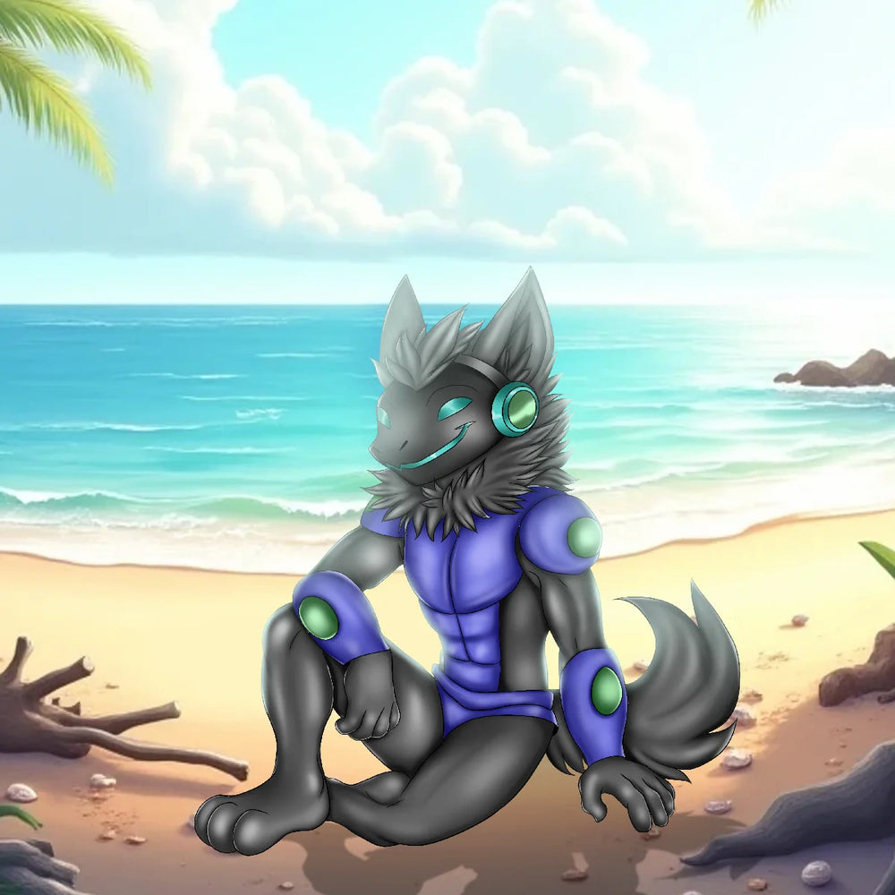 2D cyberpunk fox warrior character in purple futuristic armor sitting on a tropical beach