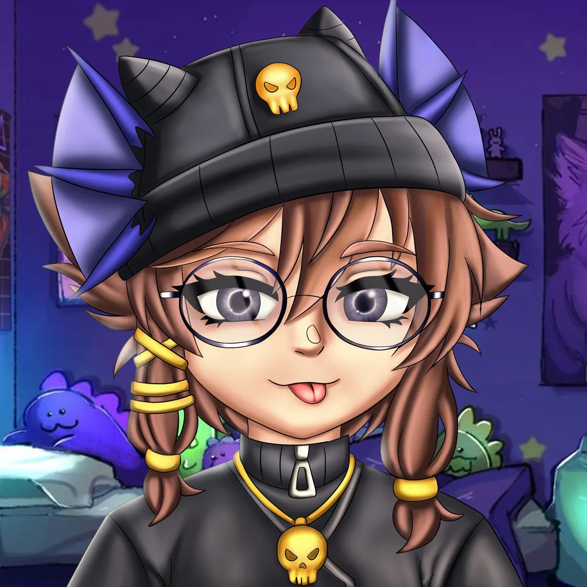 2D digital art of a cute gothic witch girl wearing glasses and a black skull-decorated witch hat