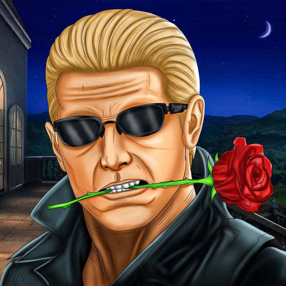 2D digital art of a sophisticated man wearing sunglasses and a black leather jacket with a red rose between his teeth at night