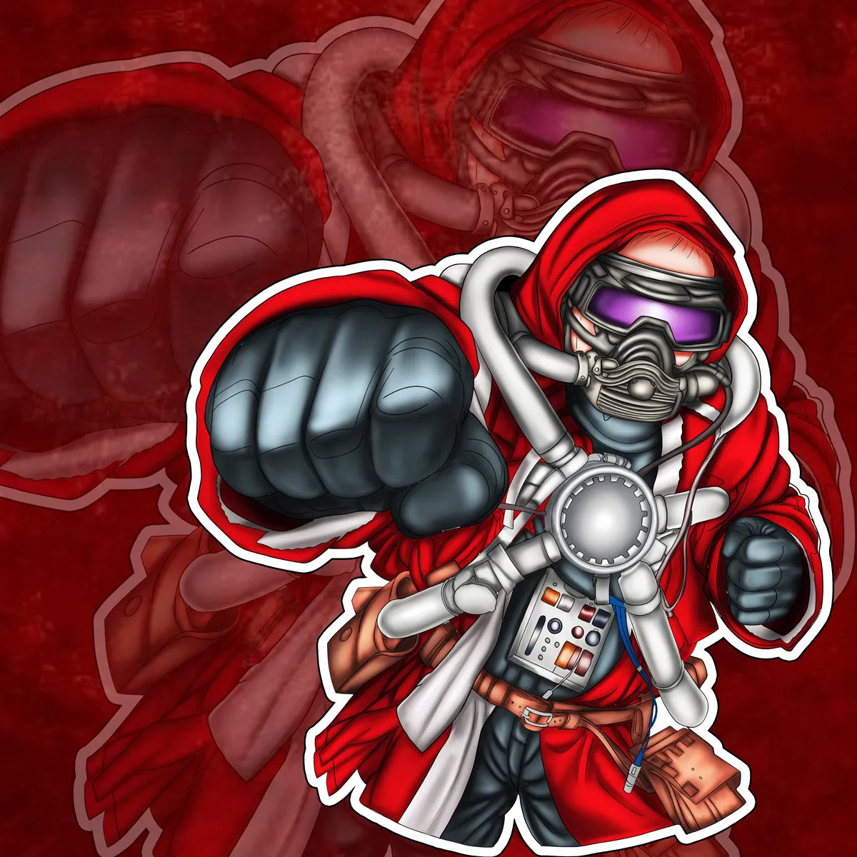 2D sci-fi astronaut illustration featuring a red-hooded space warrior with futuristic armor, purple visor, and robotic companion.