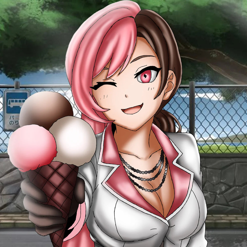 Anime-style girl with pink and brown hair winking while holding a colorful ice cream cone