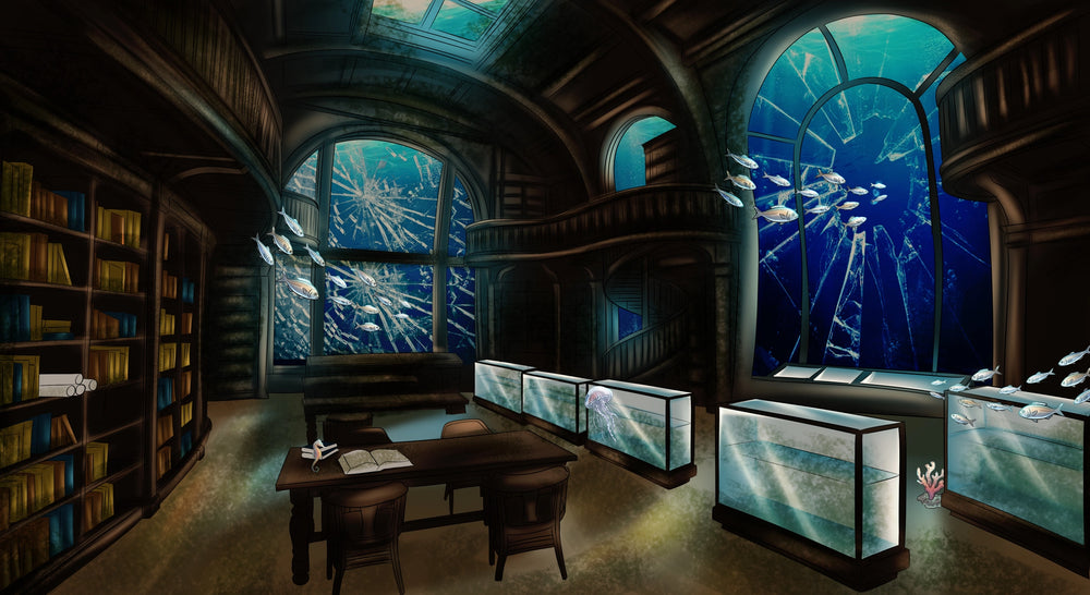 A dark, atmospheric interior scene resembling a library or study with tall bookshelves, a desk, chairs, and large arched windows showing an underwater aquarium scene with blue water and fish. The image appears to be a digital illustration rather than a standard product photo.
