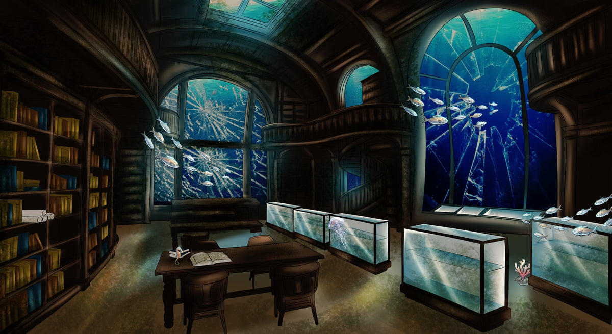 A dark, atmospheric interior scene resembling a library or study with tall bookshelves, a desk, chairs, and large arched windows showing an underwater aquarium scene with blue water and fish. The image appears to be a digital illustration rather than a standard product photo.