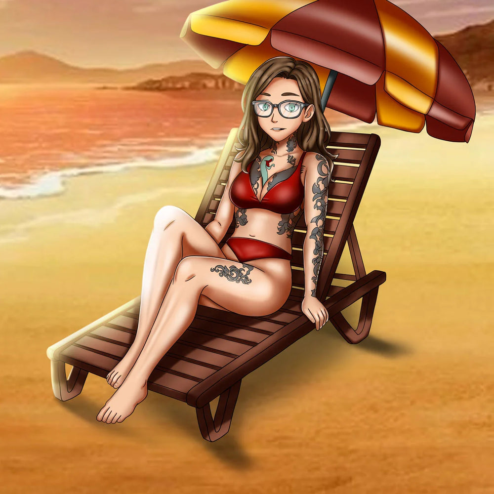 Adult woman with glasses and tattoos relaxing on a beach chair under a colorful umbrella