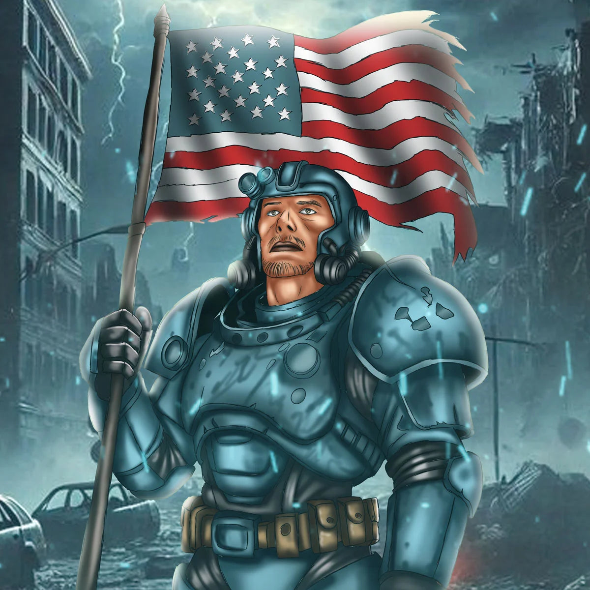 Half-body armored soldier holding a weathered American flag in a destroyed post-apocalyptic city