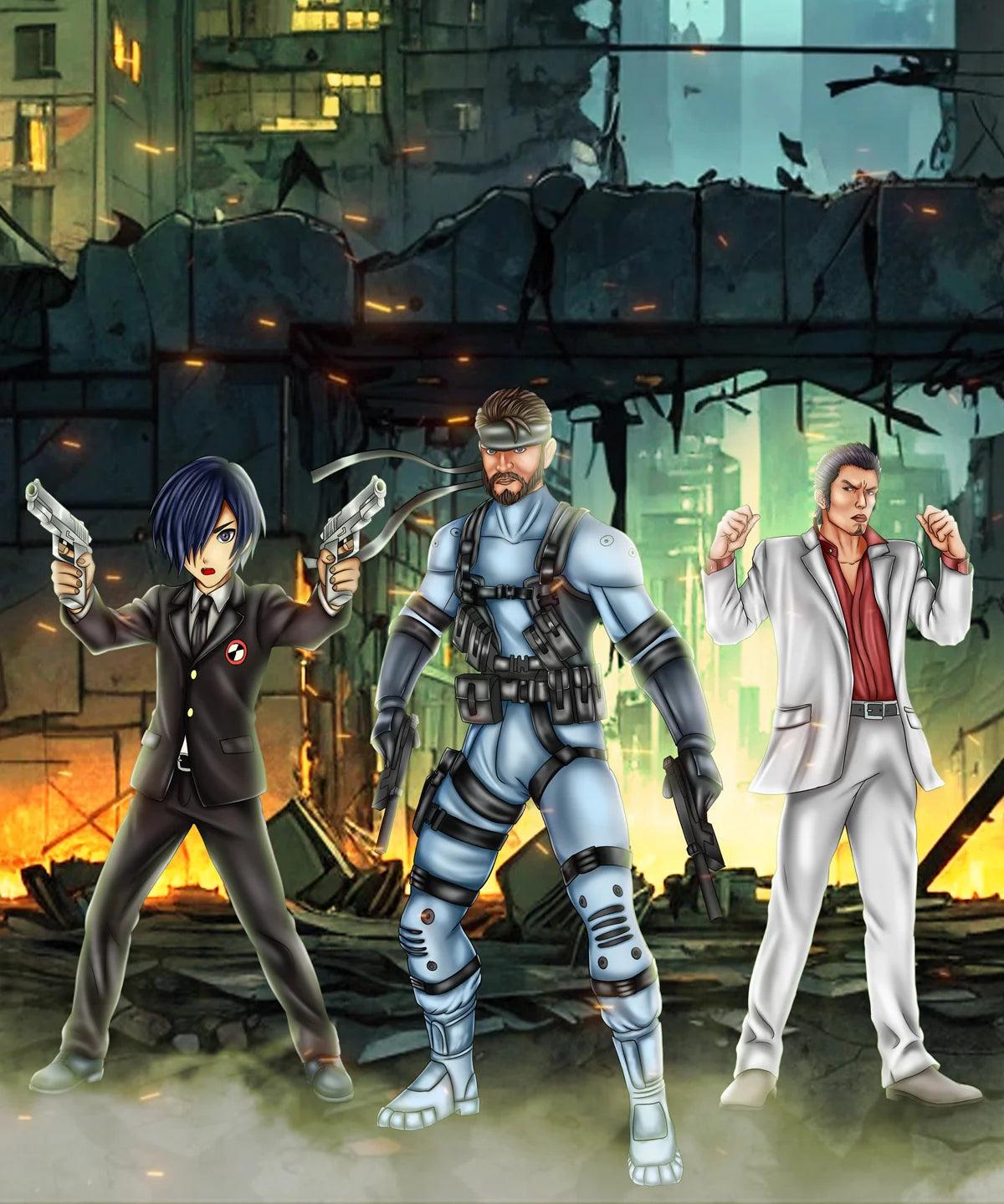Anime-inspired fan art illustration of three action characters in a destroyed futuristic city with cinematic lighting and detailed digital character designs.
