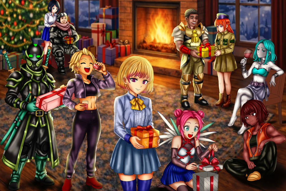 Anime Christmas party digital artwork featuring fantasy characters, gifts, fireplace and festive holiday decorations