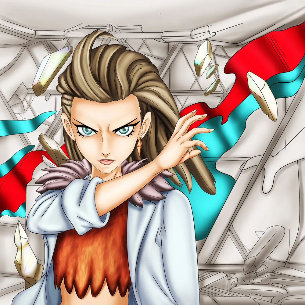 Anime female character digital illustration with red and teal fantasy costume
