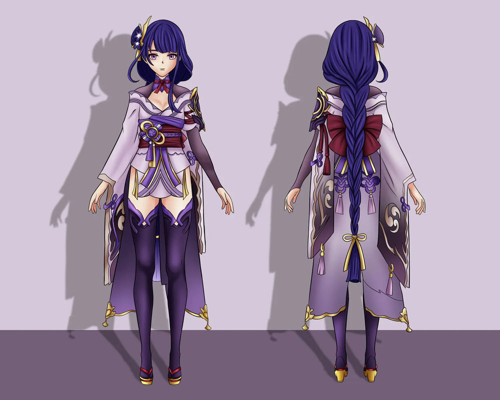 Anime goddess character reference sheet showing front and back views, featuring a purple fantasy outfit, ornate gold details, and long braided hair.