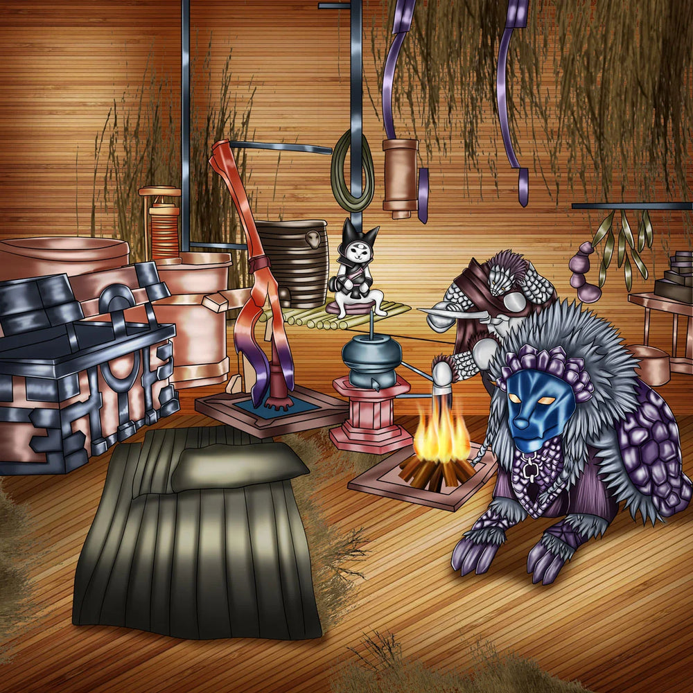 Armored fantasy creature in a detailed blacksmith workshop with forge, weapons, tools, and medieval crafting equipment