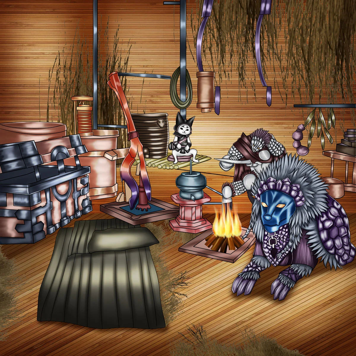 Armored fantasy creature in a detailed blacksmith workshop with forge, weapons, tools, and medieval crafting equipment
