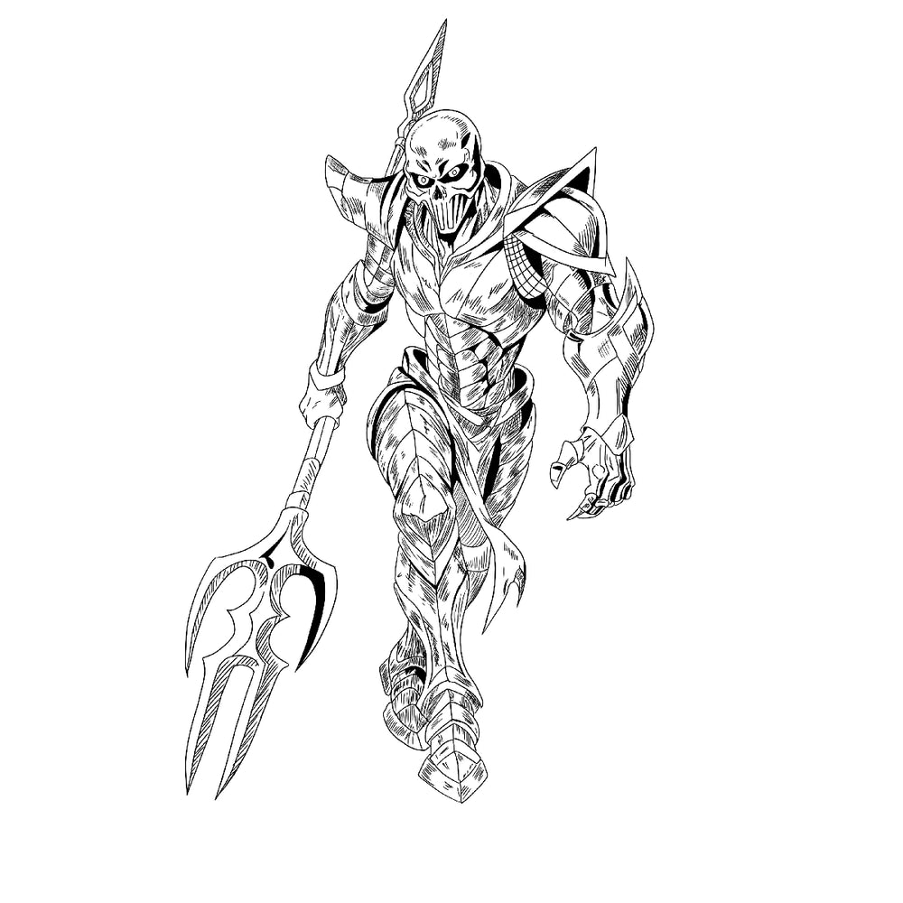 Black and white line art illustration of a skeletal warrior character holding a trident, shown on a plain white background.