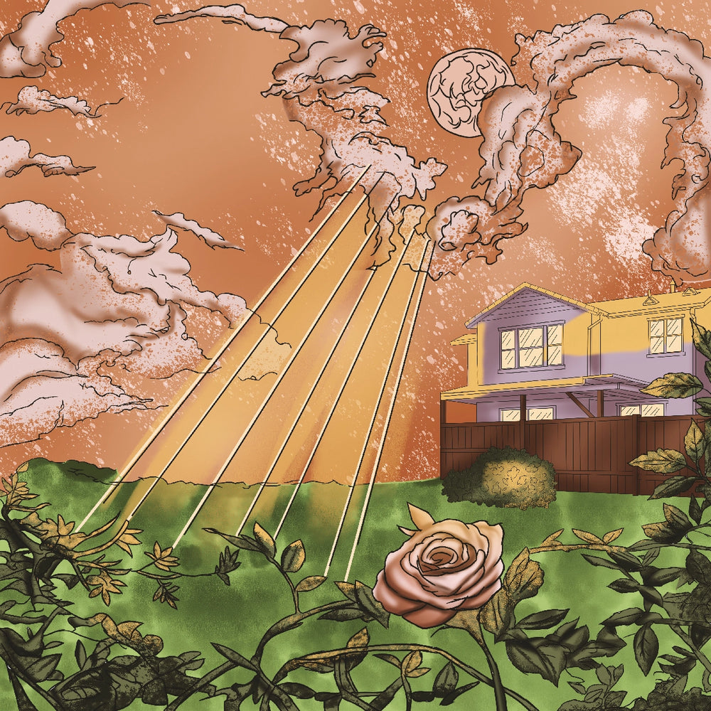An illustrated scene shows a house in a yard under an orange sky with dramatic clouds, sun rays, a moon, and a rose in the foreground. This appears to be the artwork itself rather than a product photographed in a real environment, so subject_type is Scenery.