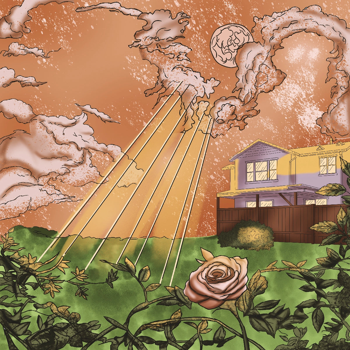 An illustrated scene shows a house in a yard under an orange sky with dramatic clouds, sun rays, a moon, and a rose in the foreground. This appears to be the artwork itself rather than a product photographed in a real environment, so subject_type is Scenery.