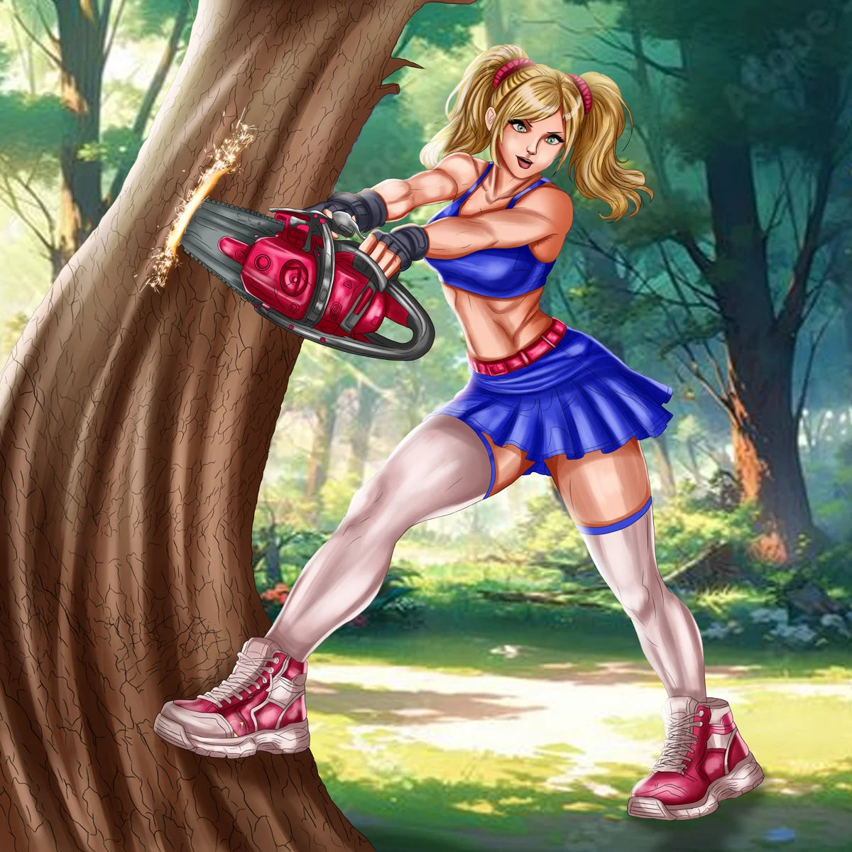 Anime chainsaw girl full body digital character illustration in a forest setting