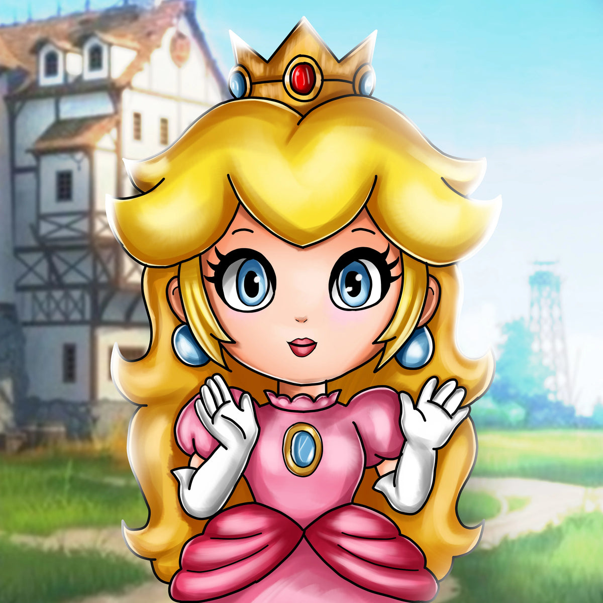 Chibi-style illustration of Princess Peach with long blonde hair, a gold crown, blue earrings, and a pink dress, posed in front of a blurred countryside background with a house and green field.