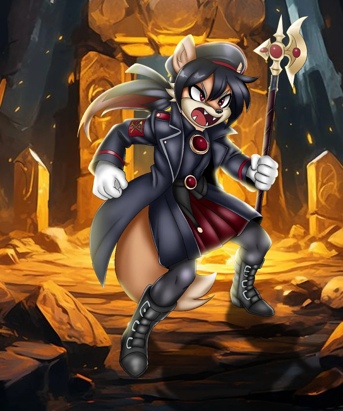 A stylized digital illustration of a feline humanoid character in a dark military-style coat and boots, holding a spear in a fiery stone arena. The character has black hair, pointed ears, a red collar emblem, and a tan tail.