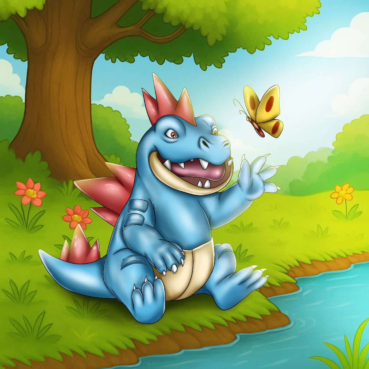 Cute blue dragon with pink spikes sitting beside a forest stream and interacting with a yellow butterfly in a colorful fantasy landscape.