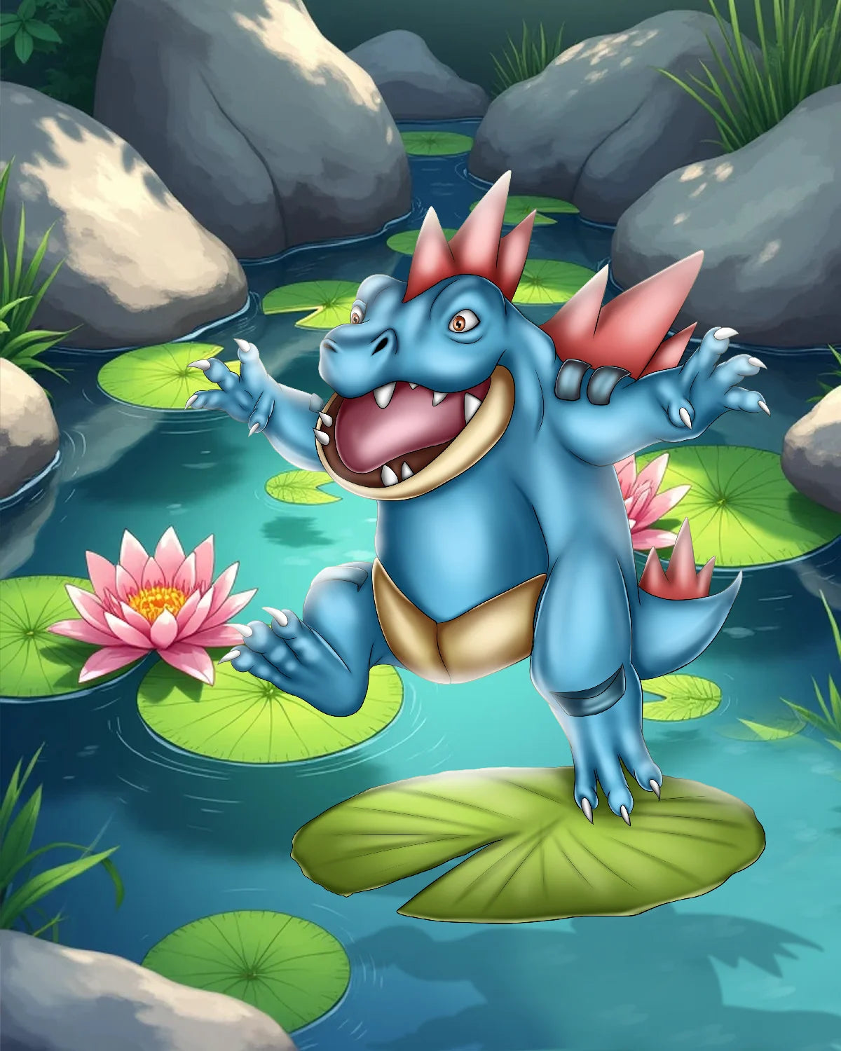 Cute blue dragon fantasy character with pink spikes balancing on a lily pad in a pond surrounded by water lilies, rocks, and greenery.