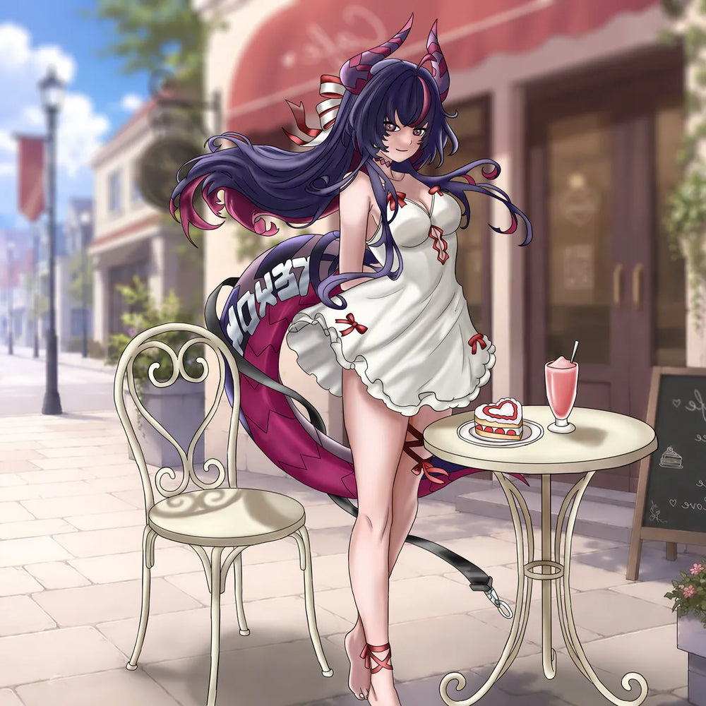Cute demon girl with purple hair and horns wearing a white dress at an outdoor café with cake and a pink drink