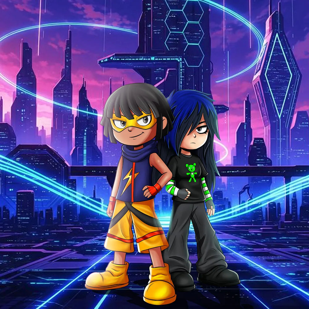 Cyberpunk chibi couple standing together in a futuristic neon city with blue and purple lights