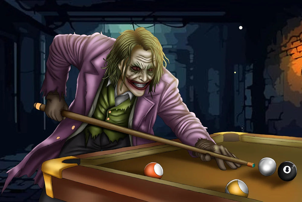 A stylized illustration of the Joker leaning over a pool table, holding a pool cue and aiming at billiard balls in a dark alley-like environment.