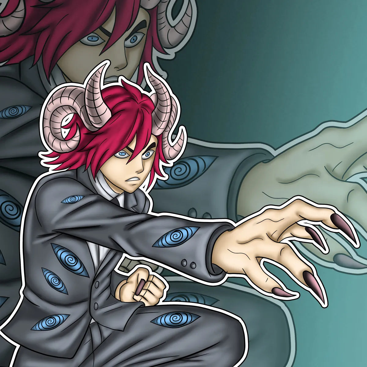 Dark fantasy demon horn anime character digital illustration with red hair, sharp claws, and blue eye motifs.
