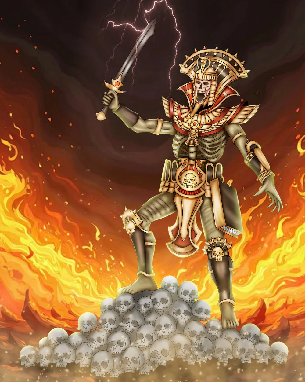 A stylized fantasy illustration of a skeletal armored warrior holding a sword, standing atop a pile of skulls against a fiery orange and yellow background with dark storm clouds and lightning.