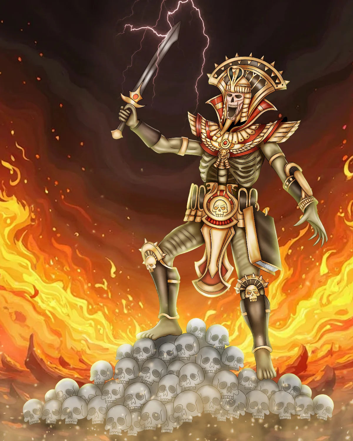 A stylized fantasy illustration of a skeletal armored warrior holding a sword, standing atop a pile of skulls against a fiery orange and yellow background with dark storm clouds and lightning.