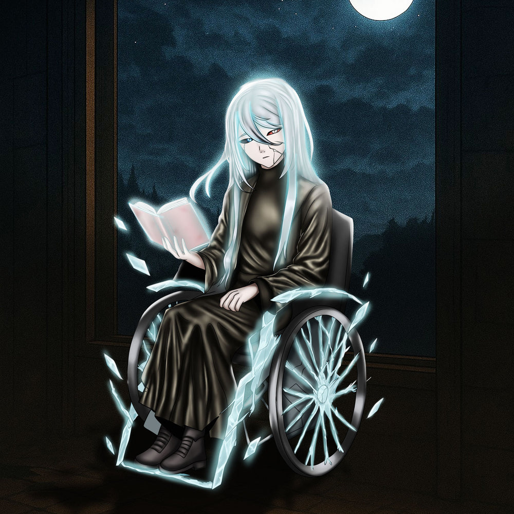 Ice magic wheelchair character 2D anime digital artwork, full-body character illustration with glowing ice effects and book Digital Maker World (digitalmaker.world)