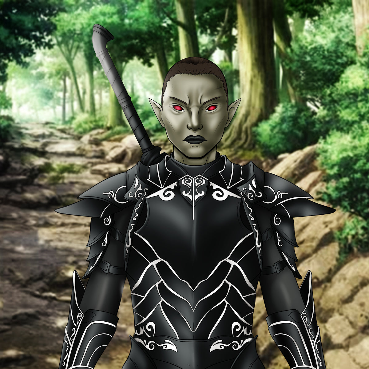 Dark elf warrior 2D digital artwork, half-body character illustration in black armor with sword and forest background by Digital Maker World (digitalmaker.world)