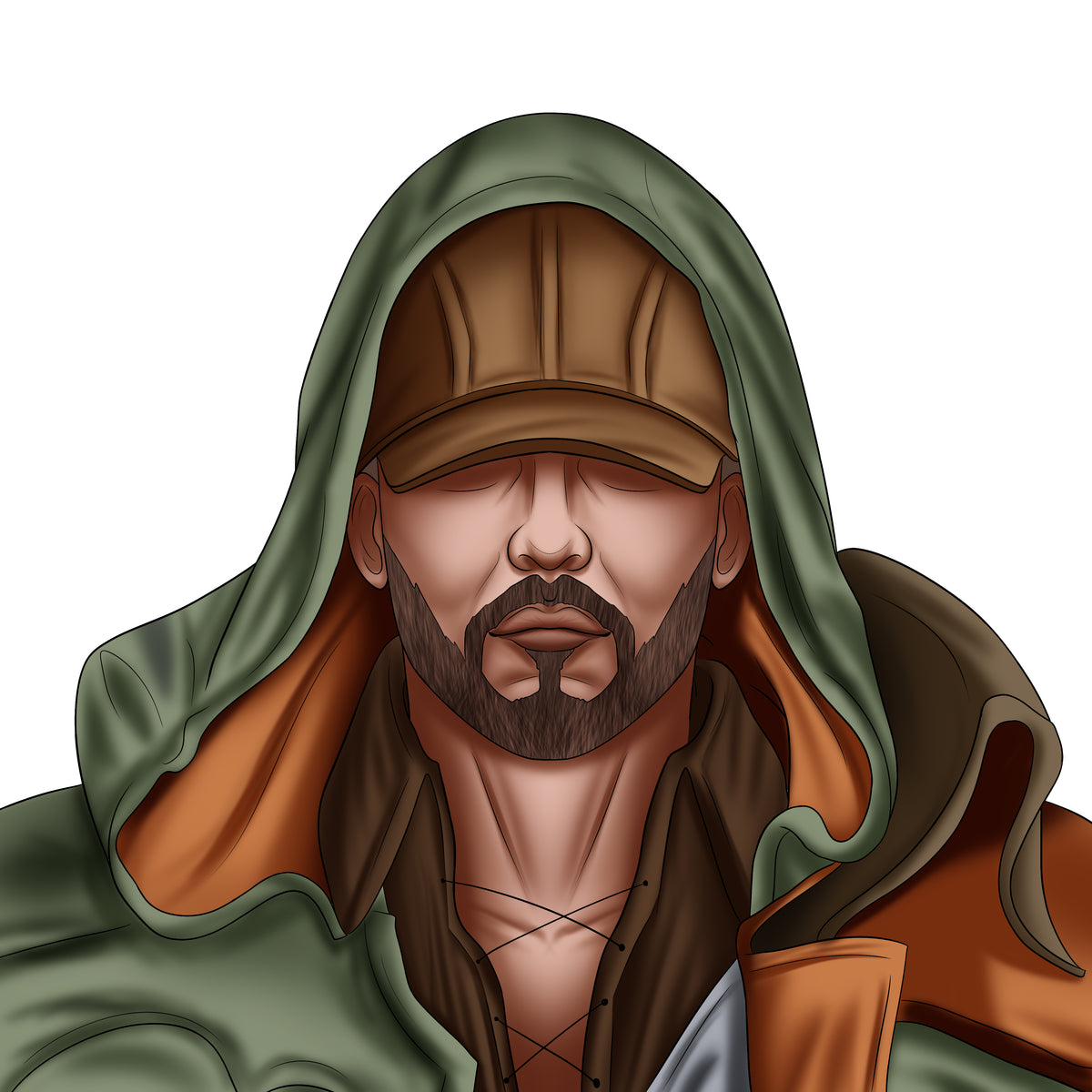 A stylized digital illustration of a man's portrait wearing a green hooded cloak with an orange lining, a brown cap, and a brown beard, set against a plain white background by Digital Maker World (digitalmaker.world).