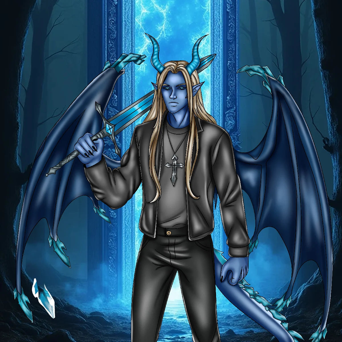 Digital illustration of a blue-skinned demon character with long blonde hair, horns, and bat-like wings, holding a sword in a dark forest setting with a glowing blue portal behind him.